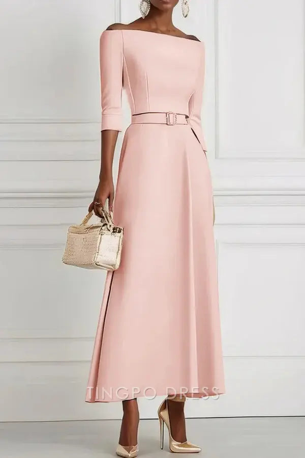 Elegant Sheath/Column Solid Color Off - Shoulder Belted Waist-tied Midi Dress Prom Dress